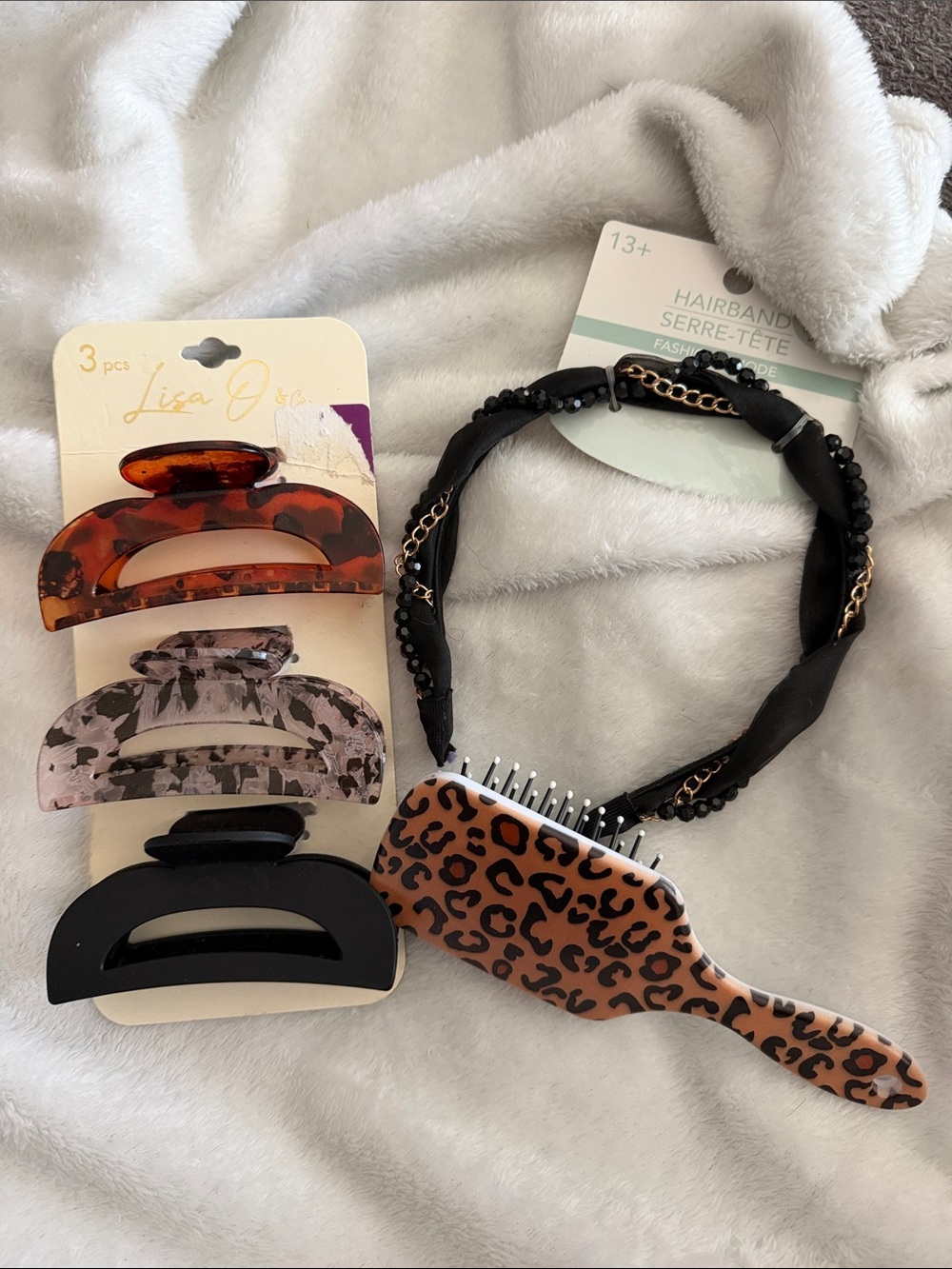 NWT Black & Tortoiseshell Hair Clip Set with Black Headband & Leopard Hair Brush